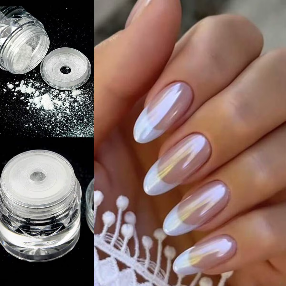 Poudre à ongles chromée pour Nail Art, glace transparente Aurora, haute brillance, perle arc-en-ciel