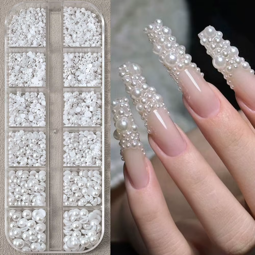 Perles demi-rondes à 12 grilles, breloques 3D pour ongles, 1.5/2/2.5/3/4/5mm, perles blanches à dos
