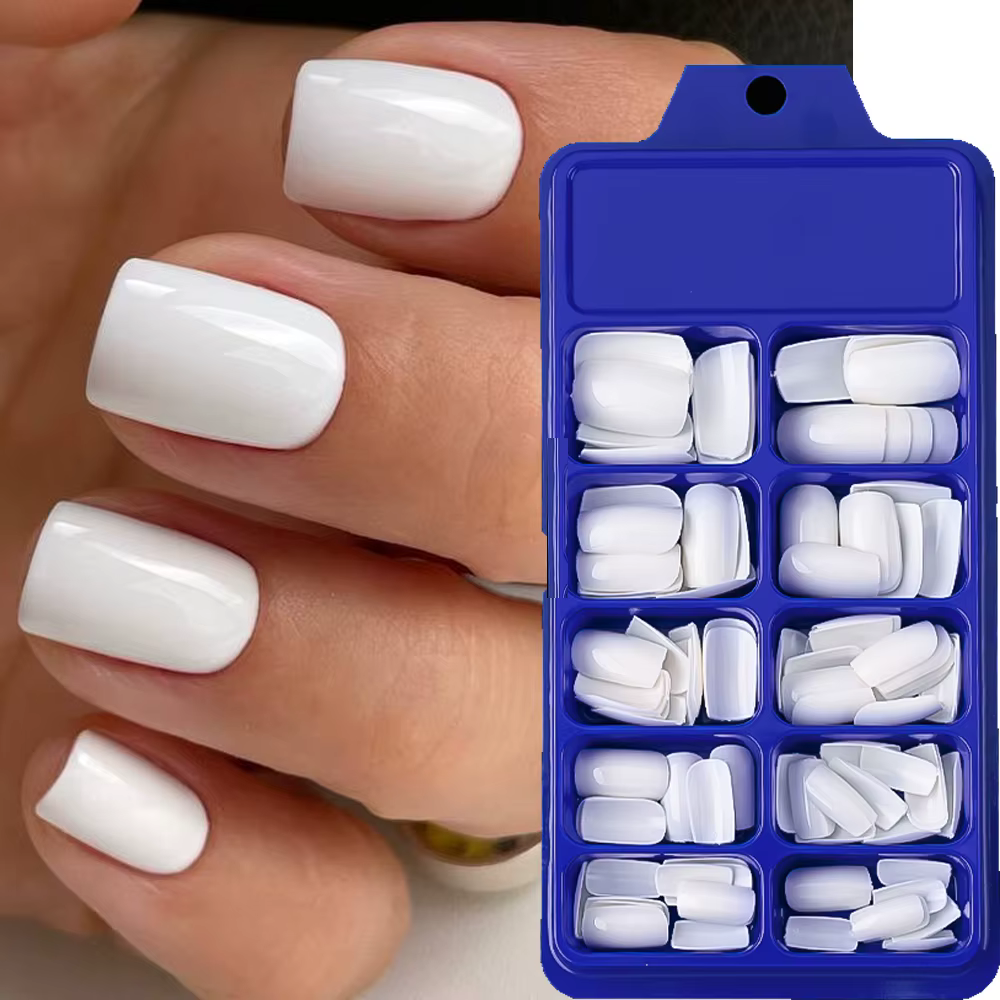 100 pièces blanc moyen carré faux ongles couverture complète acrylique artificiel faux ongles consei