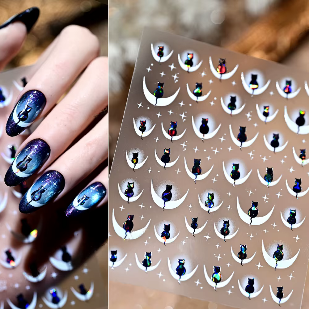 Autocollants pour ongles français chat noir dessin animé 5D, 1 pièce, décalcomanies pour ongles Kawa