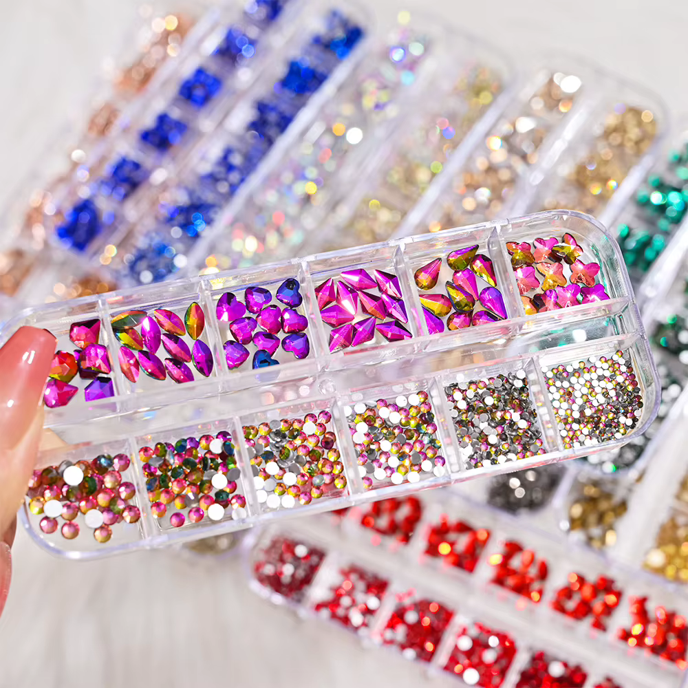 Strass en cristal de forme mixte pour Nail Art, 12 grilles, rose/rouge, pierres précieuses à dos pla