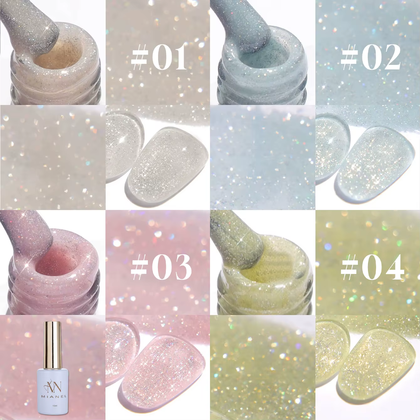 MN 1-9PCS Série de vernis à ongles gel rose, bleu, blanc, vert avec paillettes scintillantes et effe