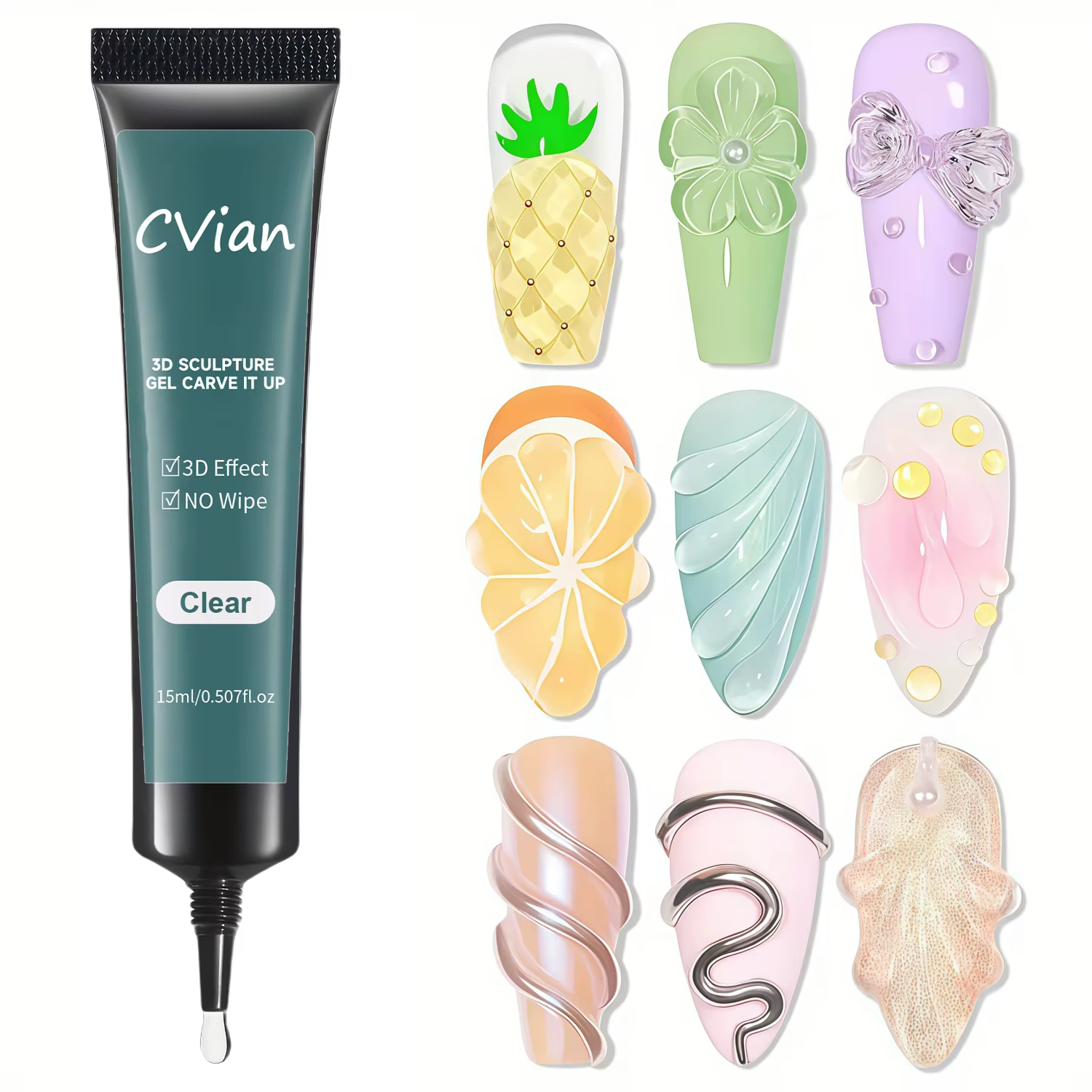 Gel de sculpture 3D pour ongles 15g | Clair, sans essuyage, design chromé, bijoux en pierres préci