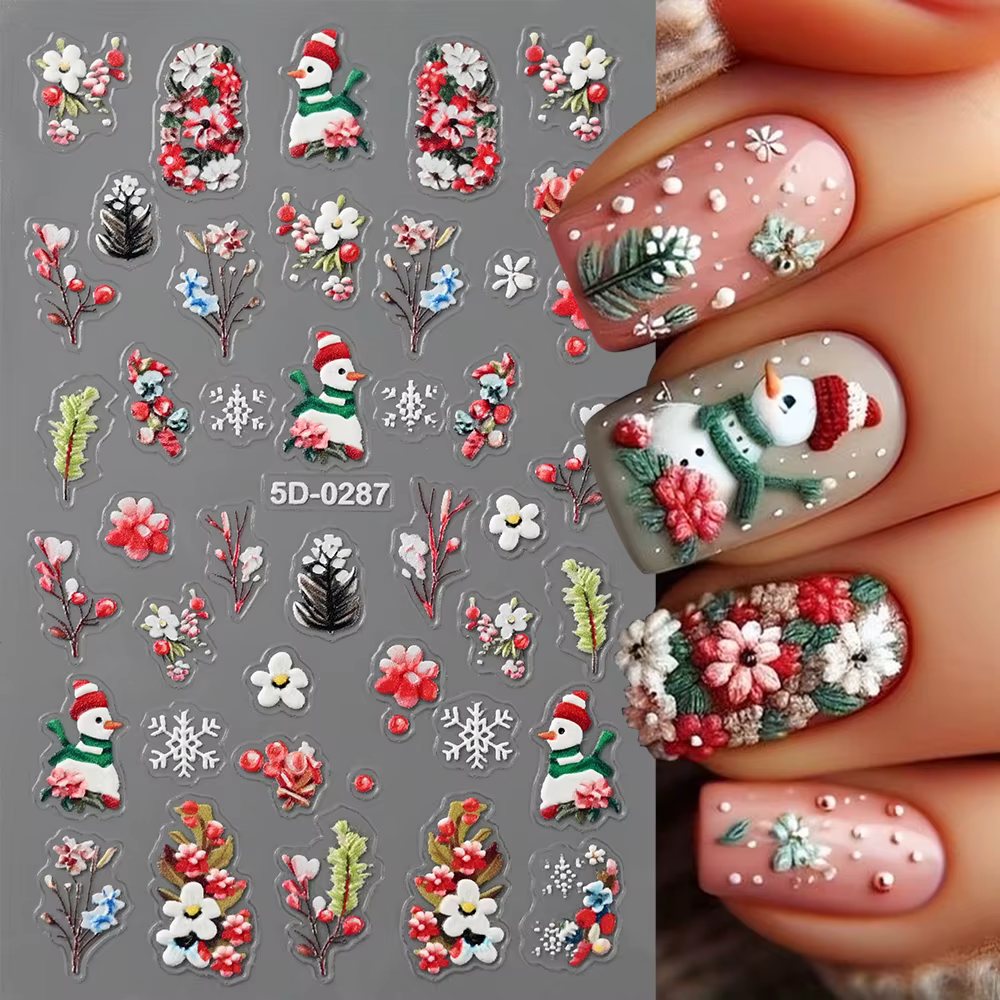 Autocollants 5D pour ongles, motifs floraux roses et bleus, pétales, feuilles, plantes en relief, dé