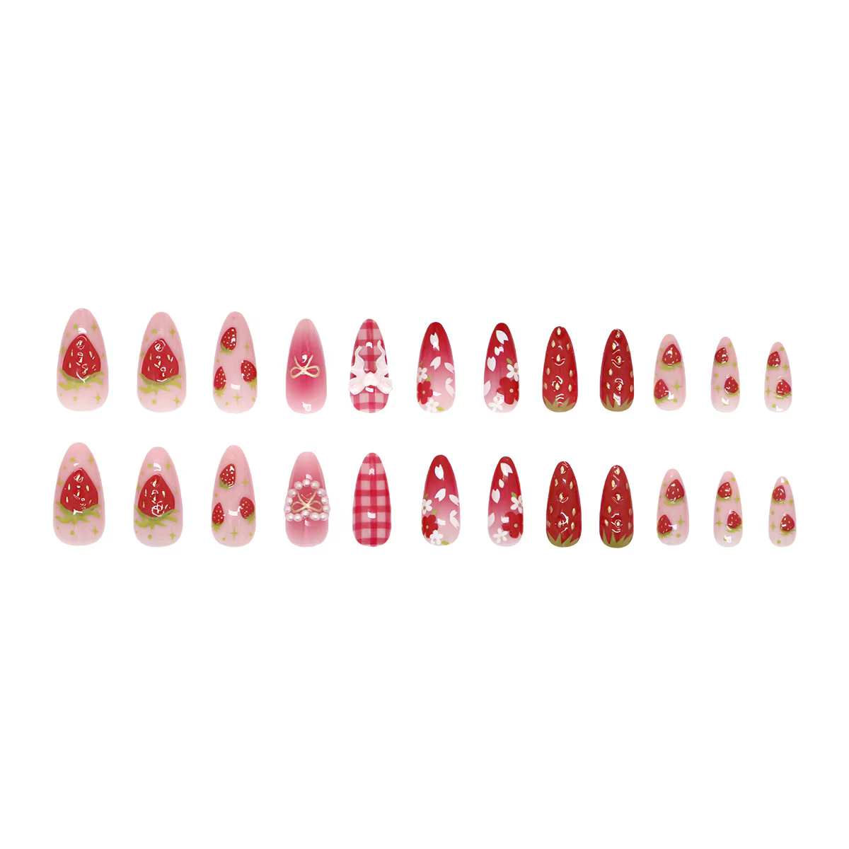 24 pièces Ins 3D nœuds papillon presse sur ongles doux fraise rose Plaid amande faux ongles avec coe