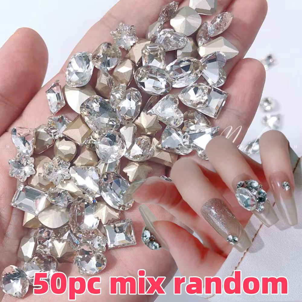 Strass 3D K9 en cristal blanc brillant pour Nail Art, formes mixtes, fond pointu, diamants en verre,