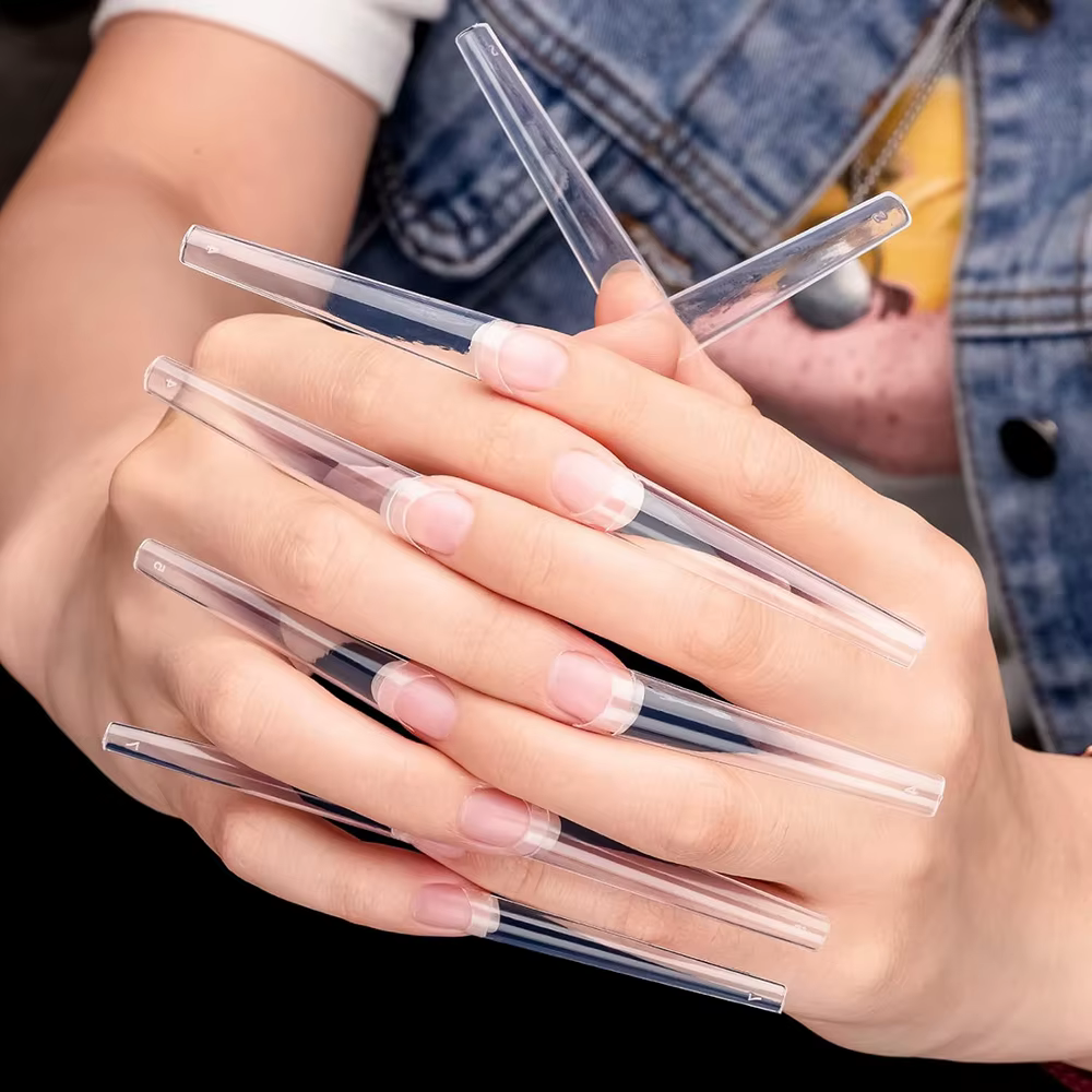120 pièces longs clair cercueil ongles conseils courbe Extra longue demi couverture cercueil ongles 