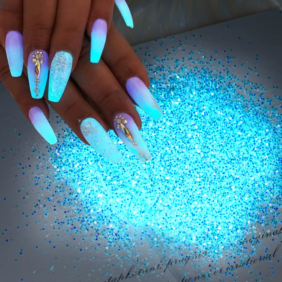 Poudre à Ongles Brillante dans le Noir, Pigment Bleu, Vert, Lumière Shoous, Poussière Phxing, Paille