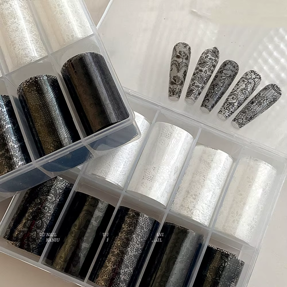10 rouleaux 4x50CM noir blanc dentelle transfert autocollant pour ongles Sexy fleur dentelle Nail Ar