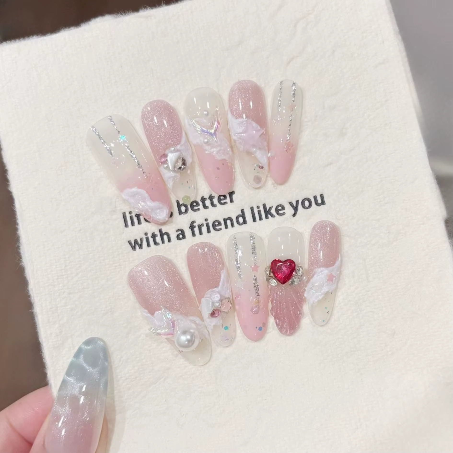 10 pièces rose oeil de chat faux ongles 3D papillon faux ongles diamant perle presse sur ongles dégr