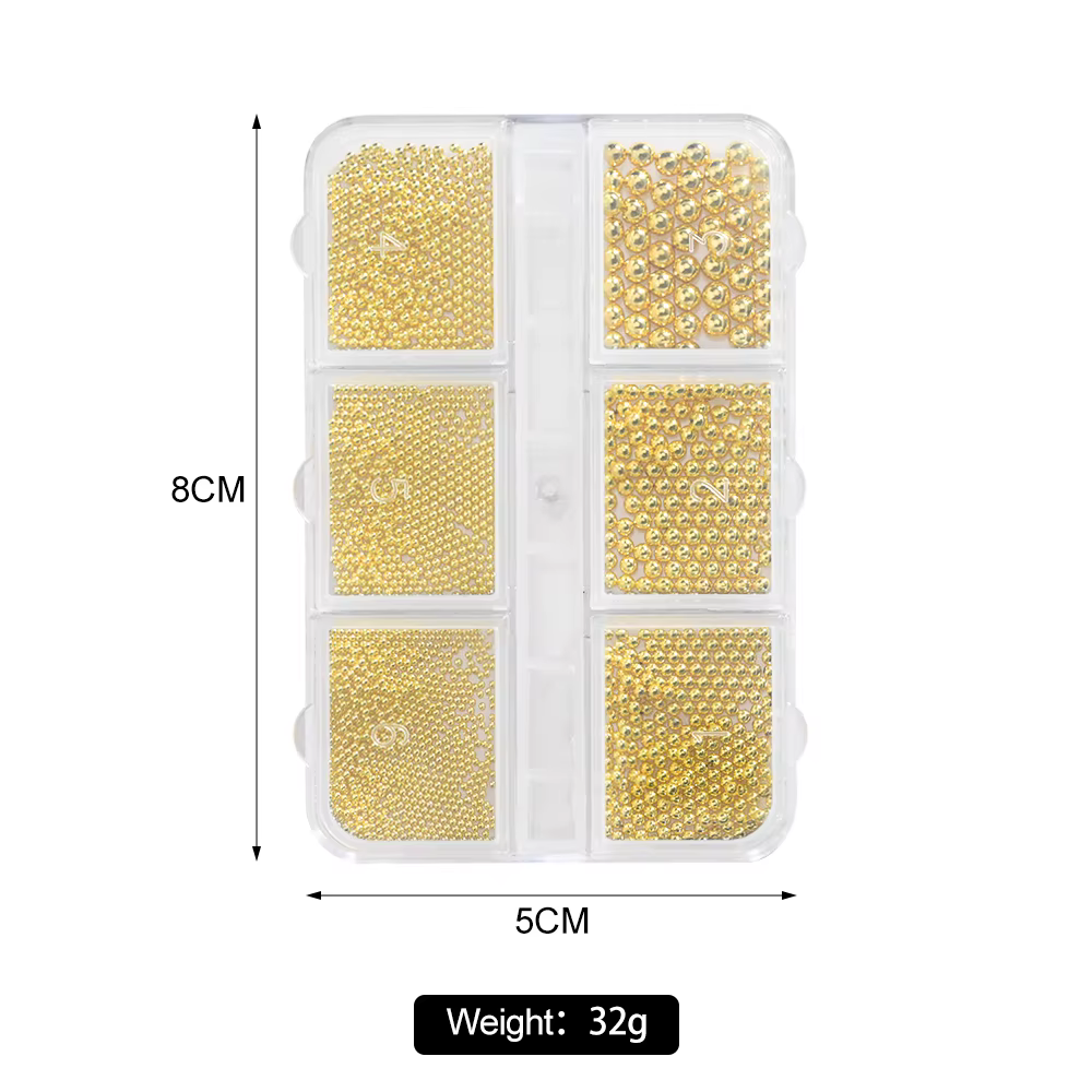6 grilles 6 tailles de perles métalliques dorées, breloques pour Nail Art, perles de Caviar 3D pour 