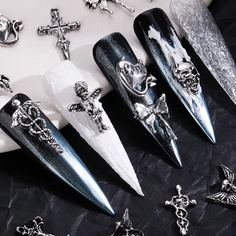 Mélange de styles pour Nail Art d'halloween, breloque croix argentée rétro 3D, décoration d'ongles p