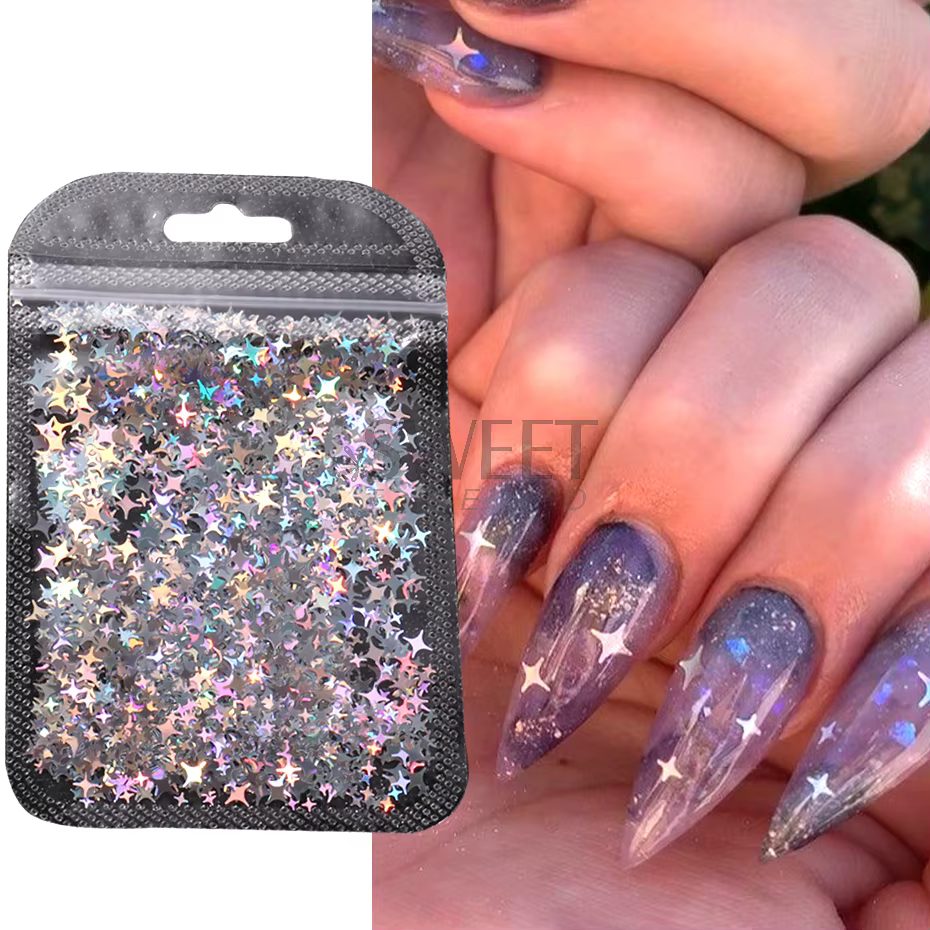 Paillettes holographiques pour ongles, étoile à quatre branches, Design Laser scintillant, breloque 