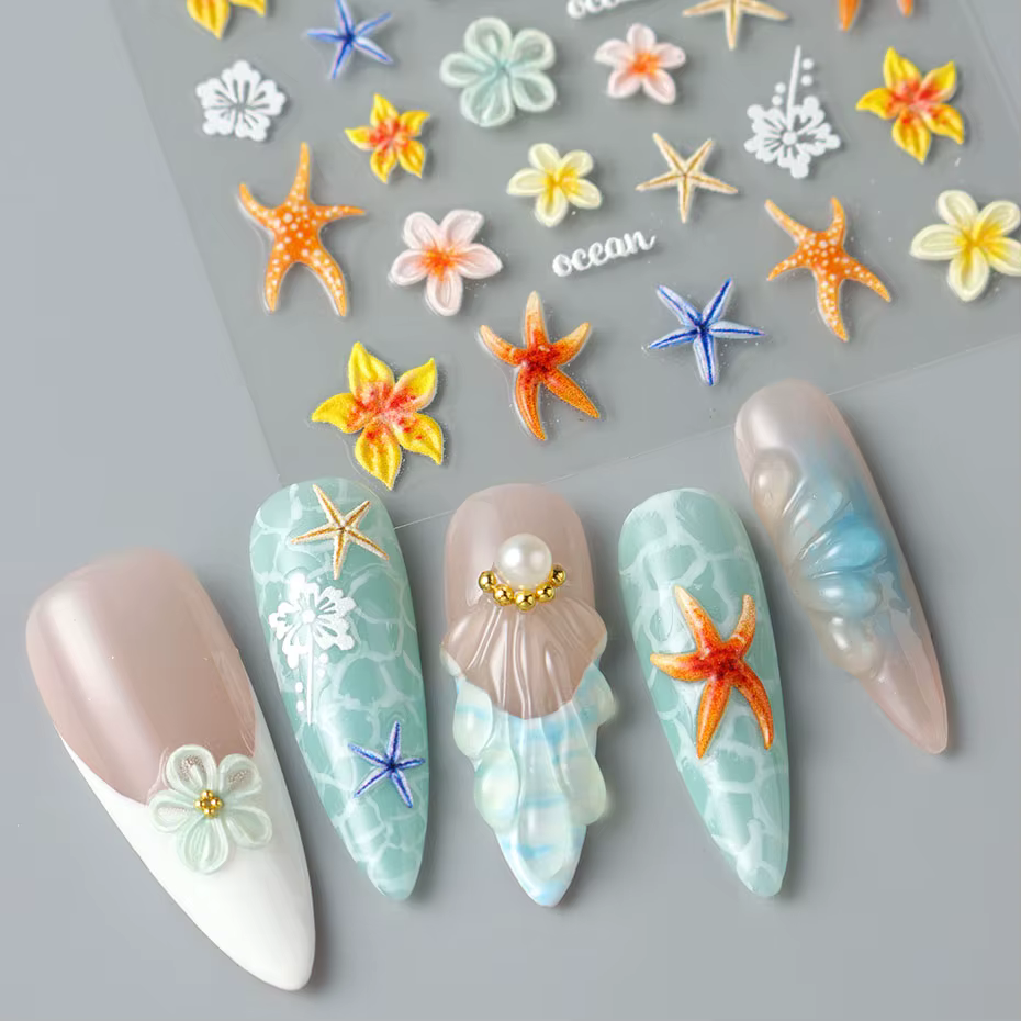 Autocollants pour ongles étoile de mer Kawaii, 2 pièces, autocollants floraux 3D pour Nail Art, auto