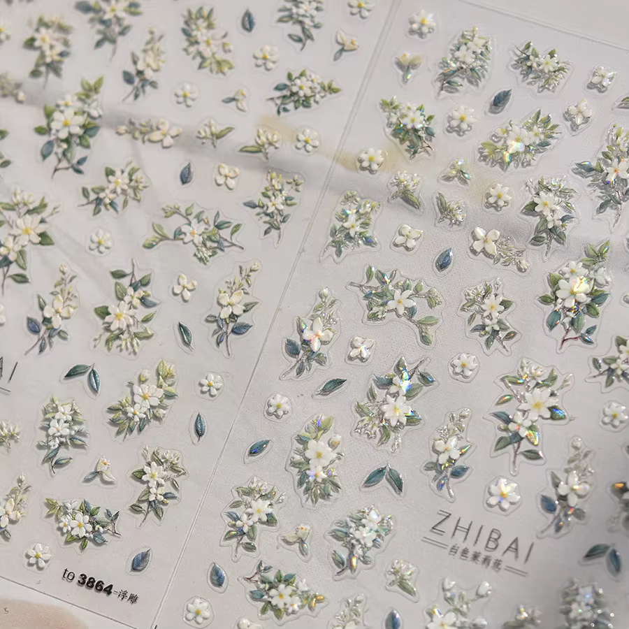 Autocollants pour ongles fleur de jasmin à paillettes 5D, 1 pièce, fleur en relief Kawaii, décoratio