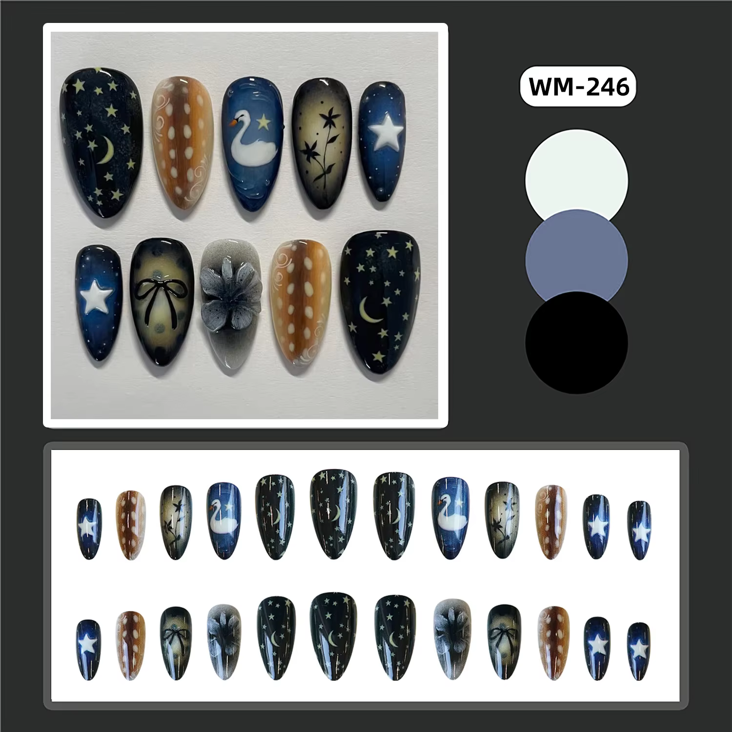 Faux ongles Style étoile lune, 24 pièces, nœuds papillon en forme de cygne blanc, motif floral impri