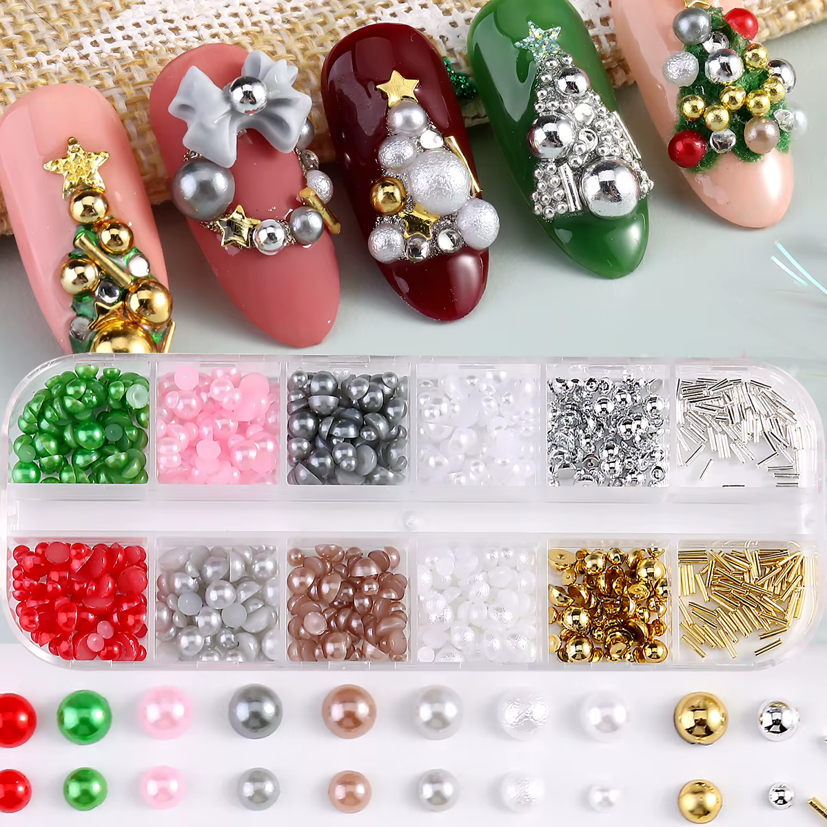 Breloques de Noël pour Nail Art, Perles Métalliques Mixtes, Perles en Acier, Perles Rouge et Vert po