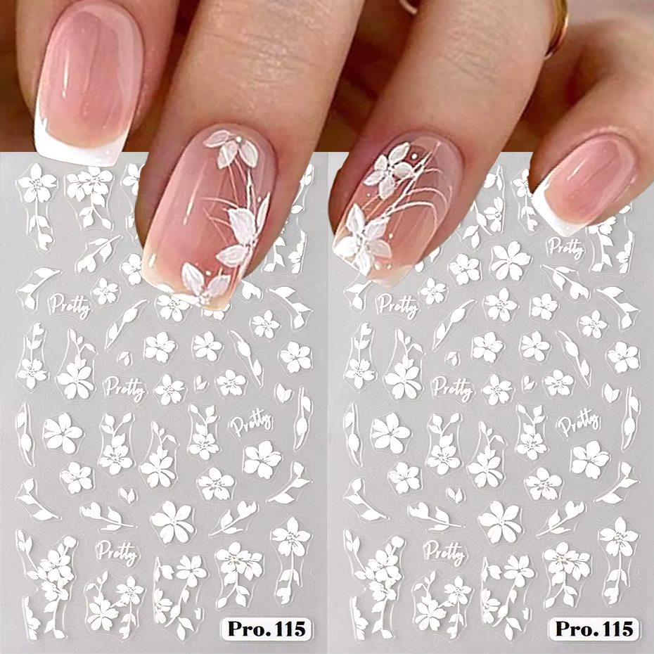 Autocollants 3D pour Nail Art, 2 pièces, fleurs blanches, feuilles de fleurs Sakura, décorations d'o