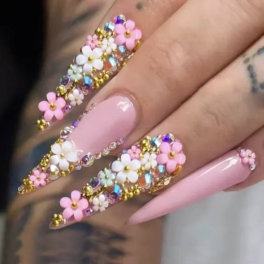 Faux ongles français à pression aiguille rose cerise, longs, avec nœud 3D, Design de perles, pointes