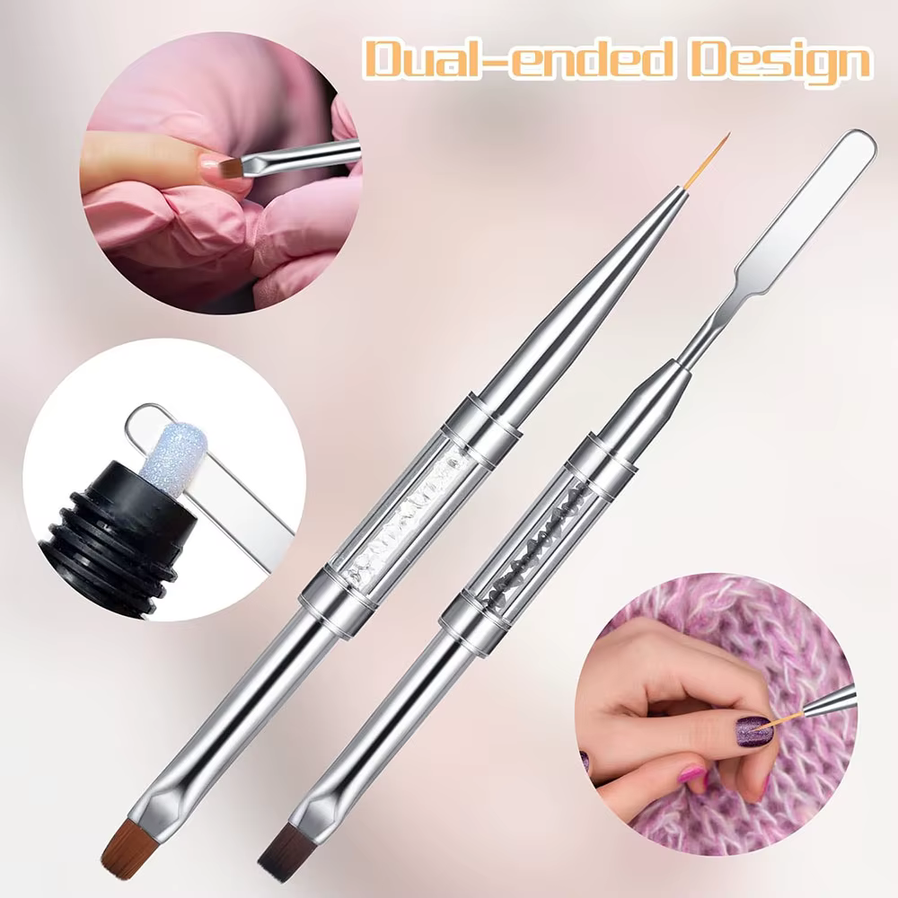 Brosse à ongles dure à double extrémité, constructeur de Gel, poignée en strass, pointe française po