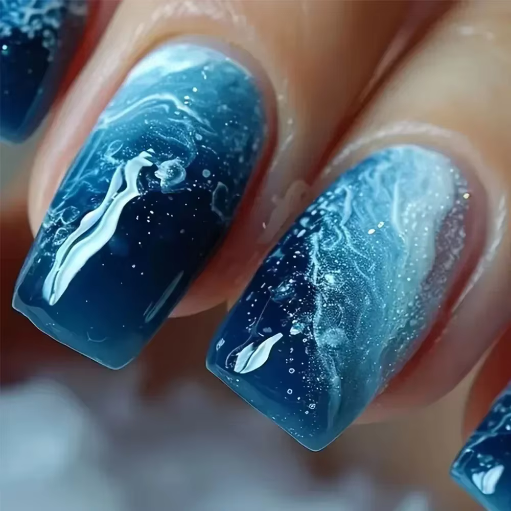 Faux ongles à pression carrée courte, fleur de Jade, poudre scintillante, avec colle, dégradé vert,
