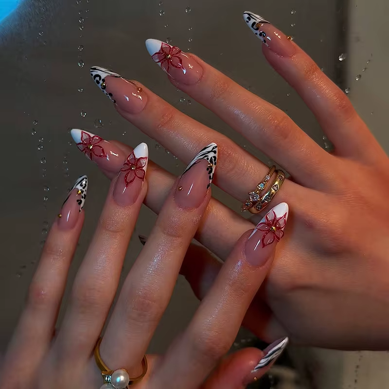 Faux ongles français imprimé léopard, 24 pièces, fleur 3D, Rose dorée, mi-longs, amande, couverture