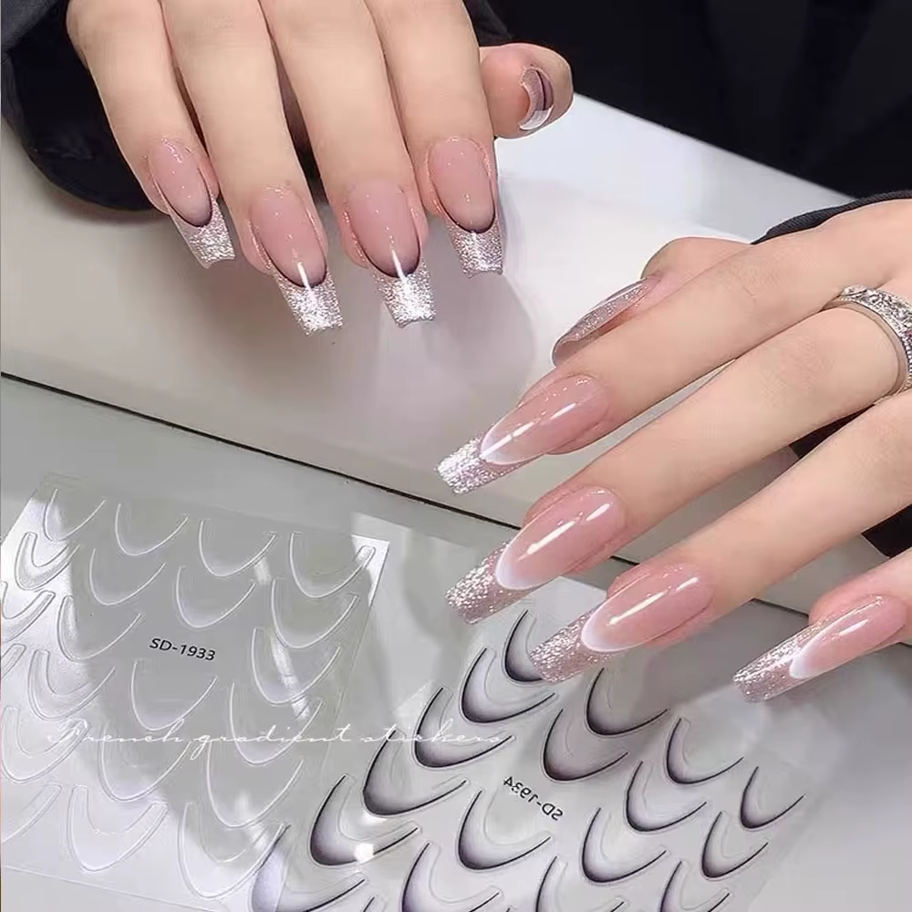 Autocollants 3D pour Nail Art, ligne dégradée française, auto-adhésifs, blanc + noir, pochoir de con
