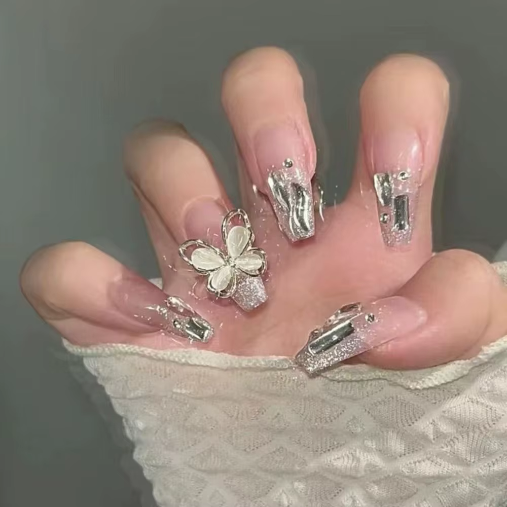 Faux ongles longs de ballerine à la mode, motifs papillon et œil de chat, couverture complète, amovi