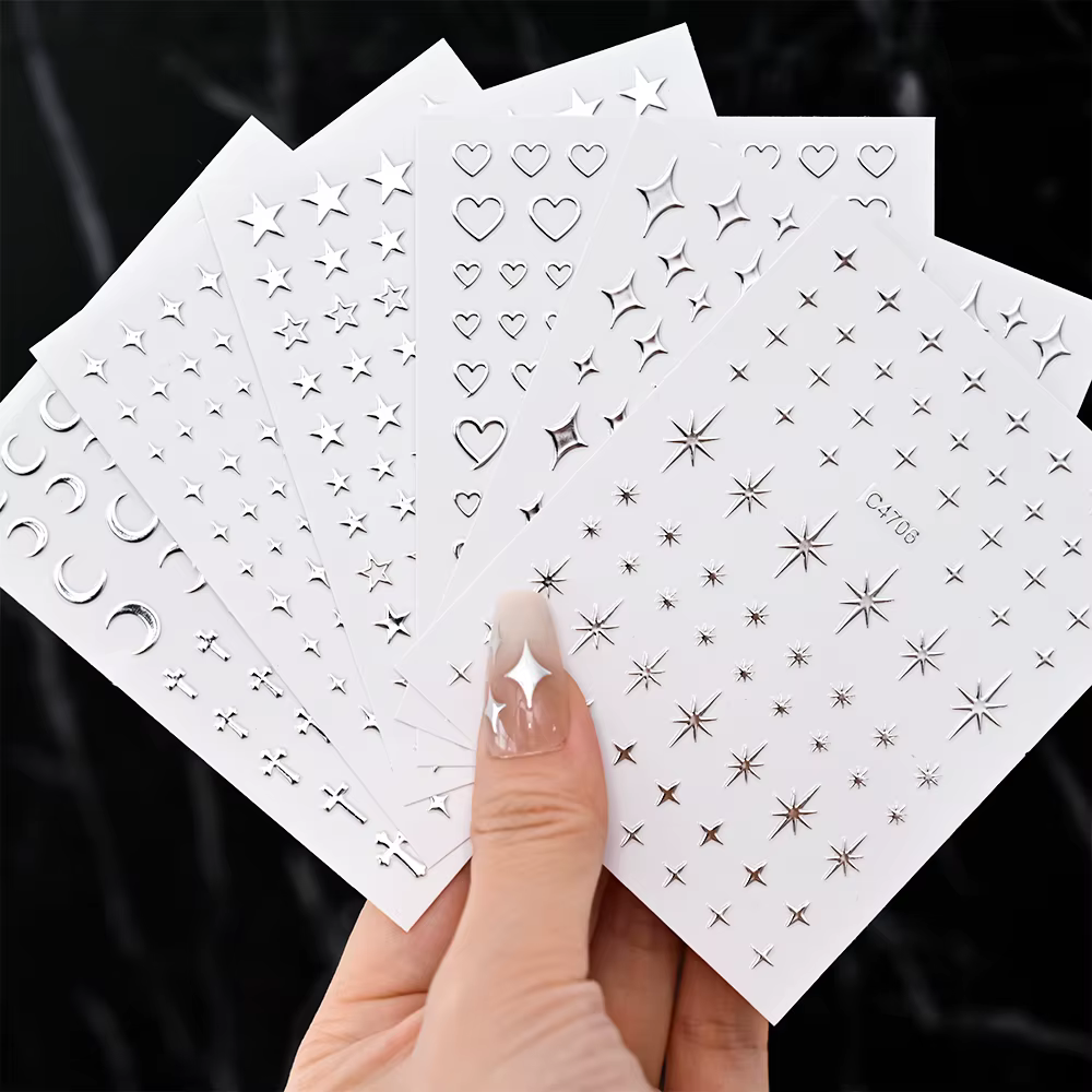 Autocollants pour ongles en métal argenté, 6 feuilles, étoiles métalliques 3D, autocollants pour Nai