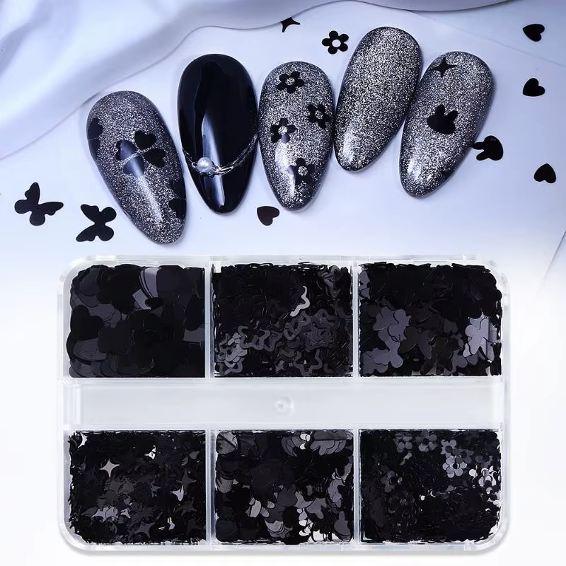 6 grilles noir en forme de coeur papillon étoile ongles Paillettes décor mixte manucure flocons Pail