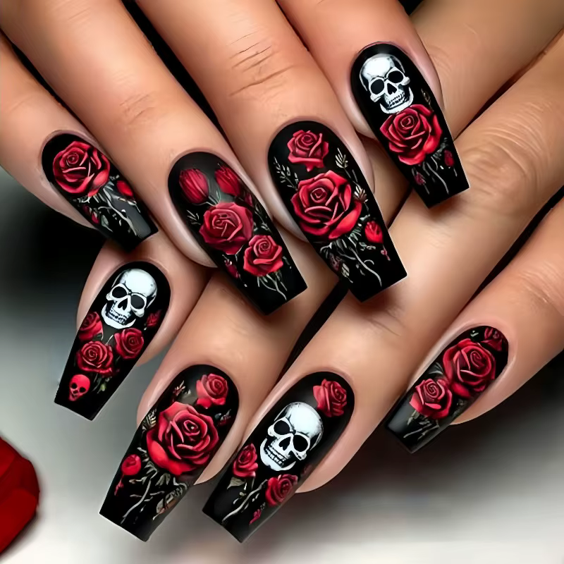 24 Halloween Nail Art Ongles de ballet mi-longs Press Ons avec design Rose rouge Skullpcs Faux ongle