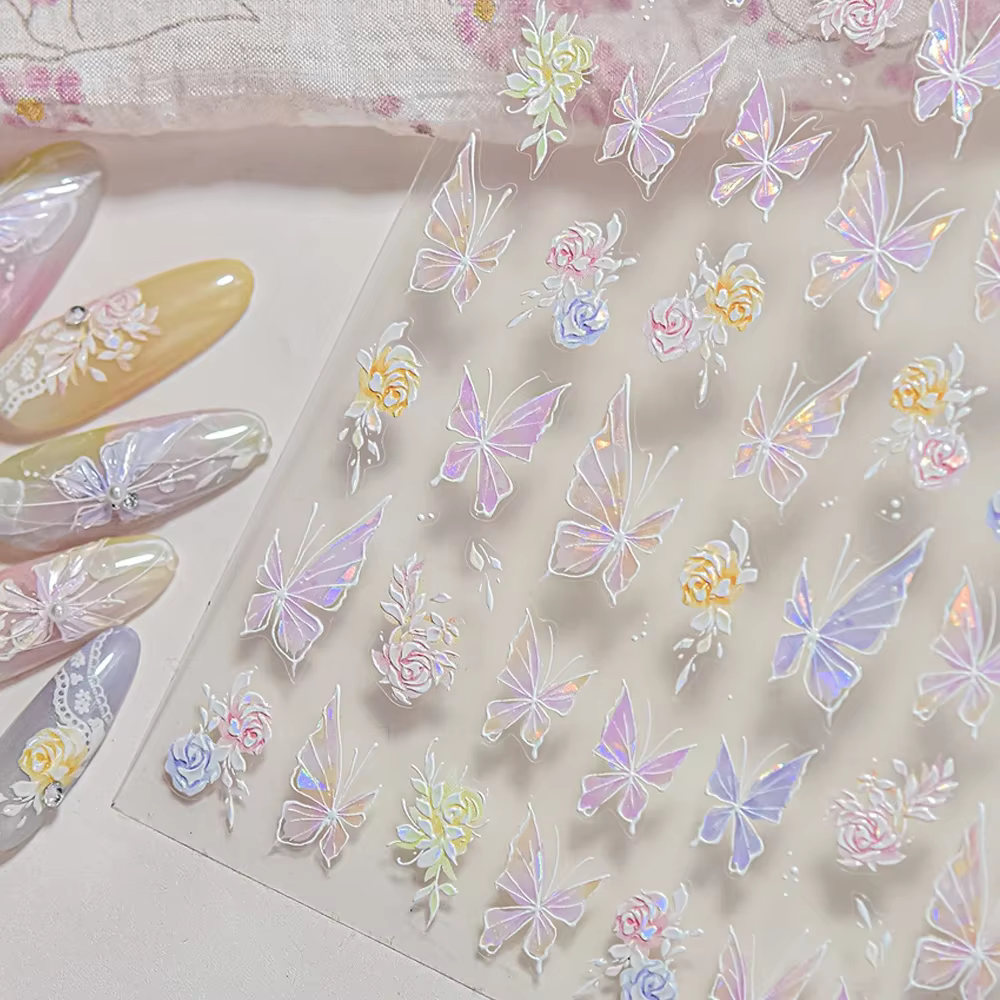 Autocollants adhésifs doux 5D pour Nail Art, dégradé blanc rose, fleur papillon, étoiles brillantes,