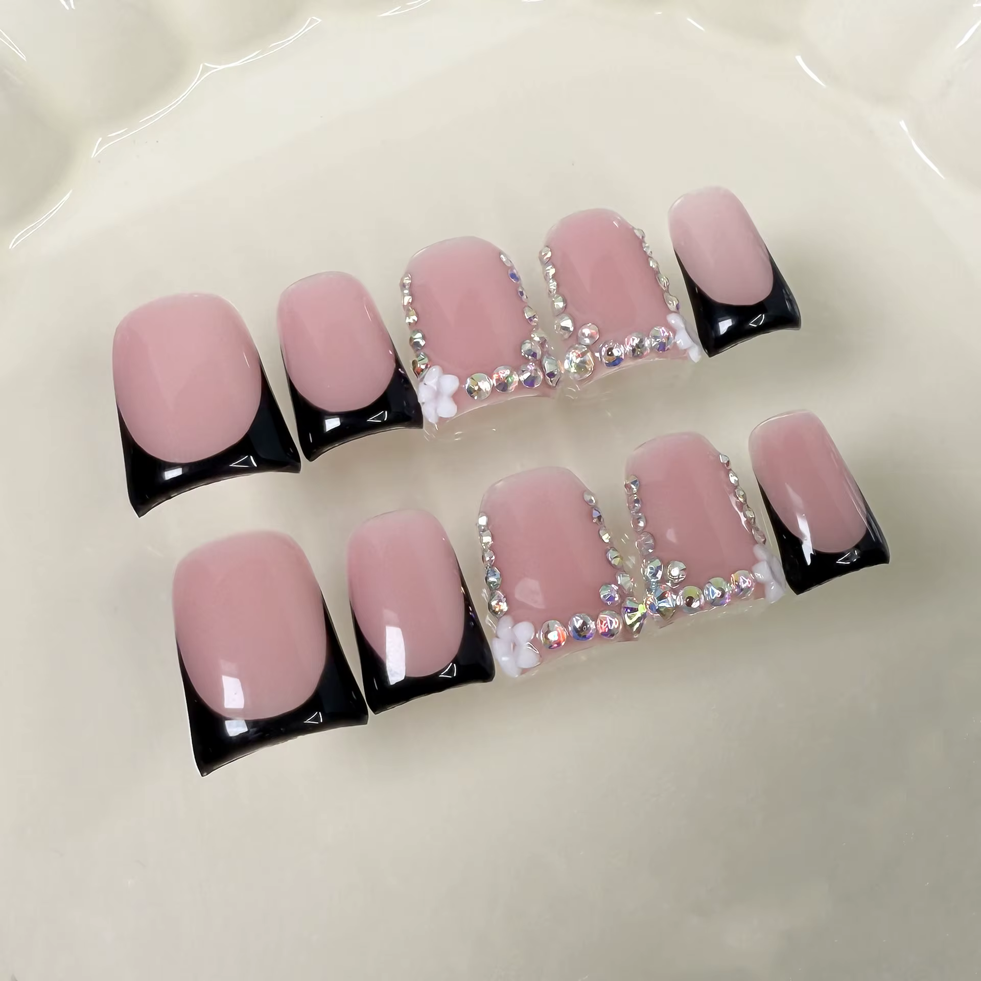 10 pièces rose bec de canard fait à la main presse sur les ongles Art Simple blanc français court fa