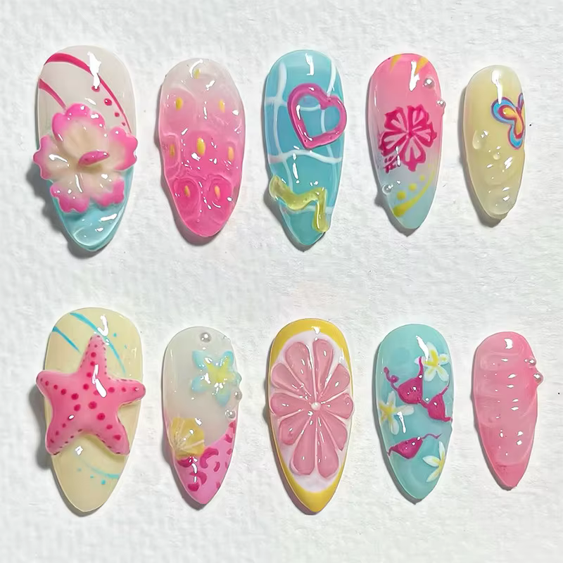 24 pièces amande faux ongles conseils été plage ongles colorés ensembles avec perle fleur conception