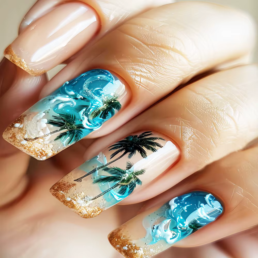24 pièces/seste faux ongles courts moyens pour femmes filles fleurs colorées plage de champignons po