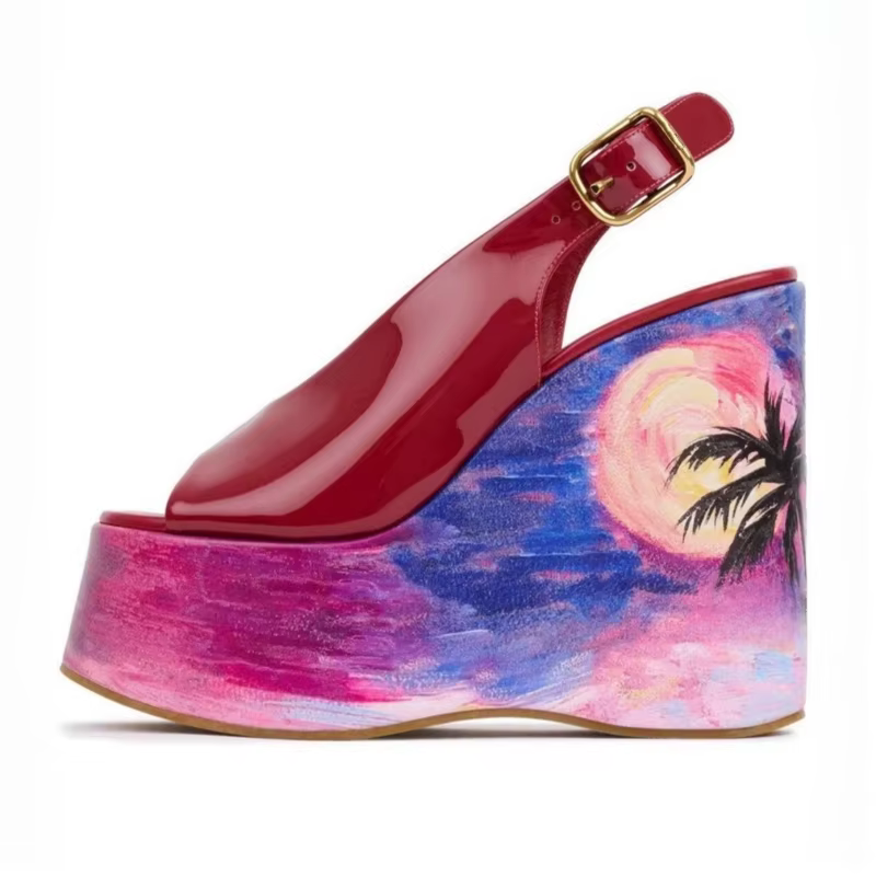 Sandales compensées à plateforme en cuir verni rouge avec motifs graffiti pour femme, été 2026, à br