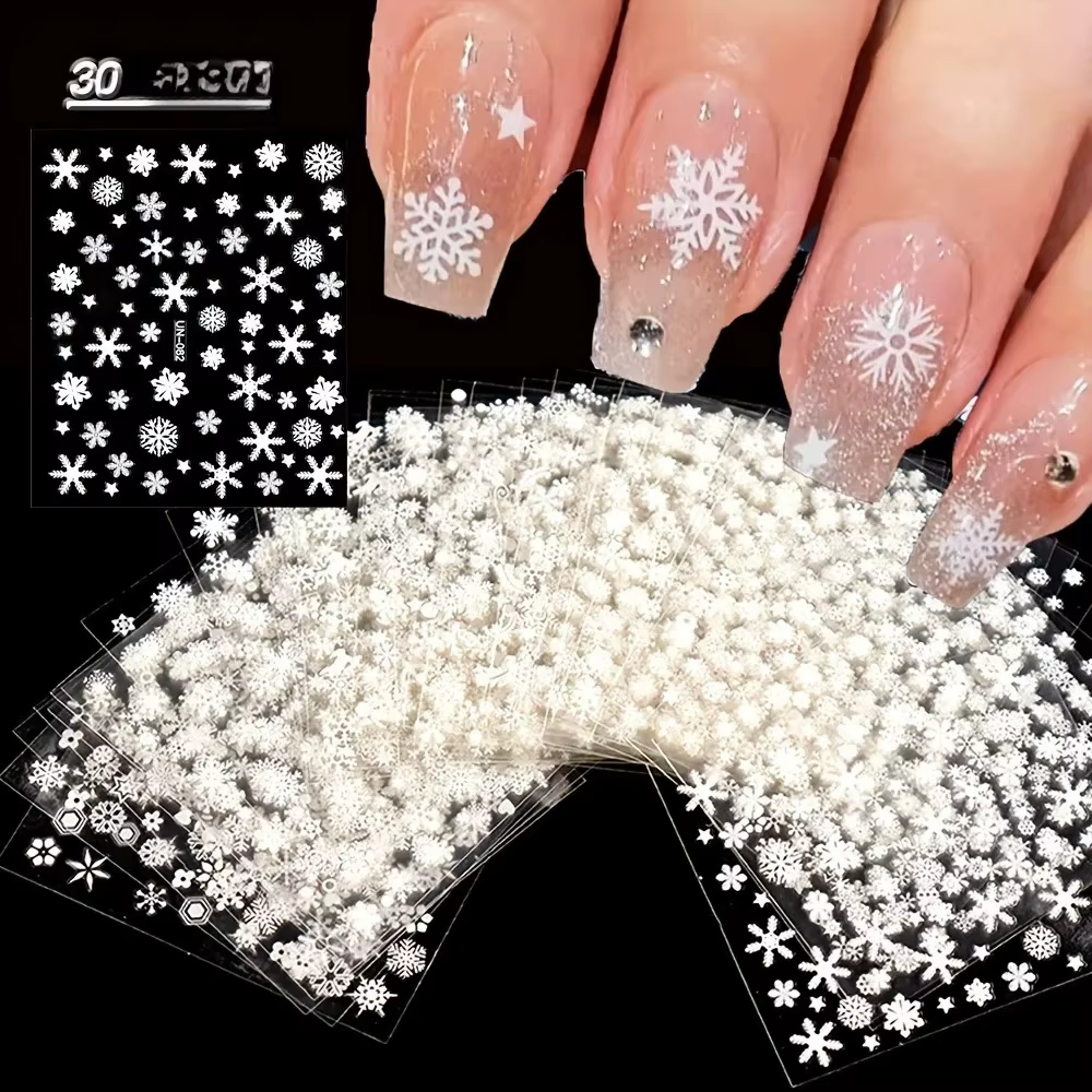 30 autocollants de noël pour décoration d'ongles, autocollants avec motifs de flocons de neige et de