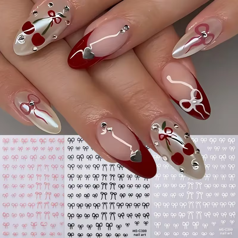 1/2 pièces noir blanc rose Mini nœud papillon Design Nail Art autocollant auto-adhésif dentelle ruba