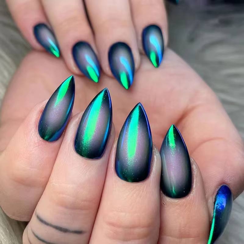 24 pièces faux ongles œil de chat bleu portable longs faux ongles aiguilles Simple presse sur Nail A