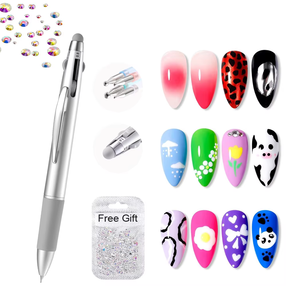 Stylo à bille 5 en 1 pour Nail Art, Type presse, taille multi-têtes, pointe ondulée/taches/perceuse