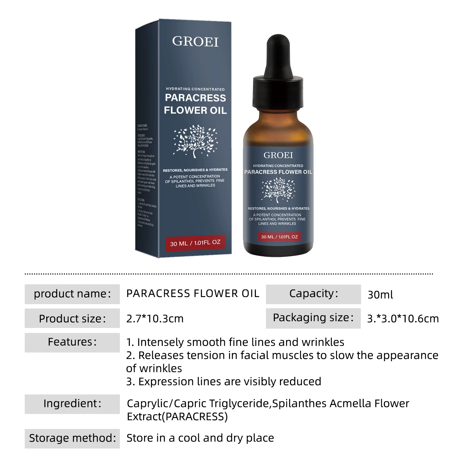 GROEI huile de fleur de paracress hydratante 30ml huile pour le visage Anti-âge réduire les ridules 