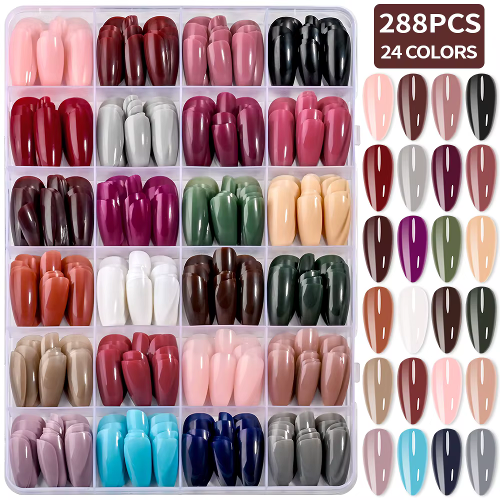 288 pièces brillant rouge/vert/bleu/blanc amande faux ongles longueur moyenne couleur unie couvertur