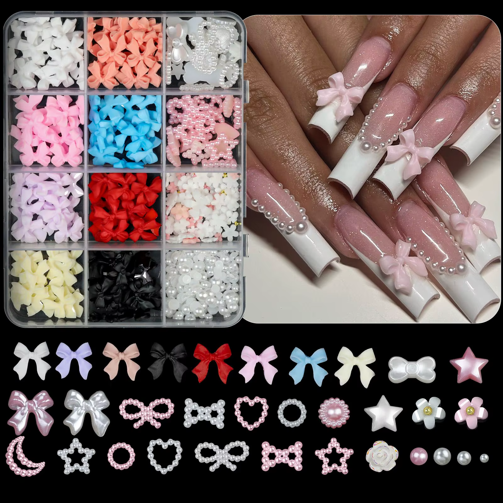 Boîte de 12/15 compartiments de décorations pour ongles en résine, nœuds papillon mixtes, breloques 