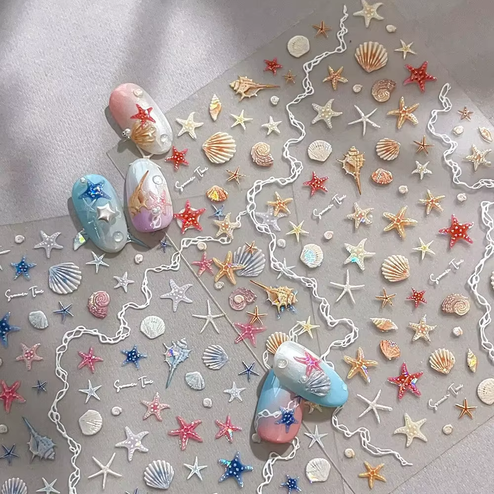 Autocollants pour ongles thème mer d'été, coquilles brillantes, étoile de mer, sirène, conque, plage