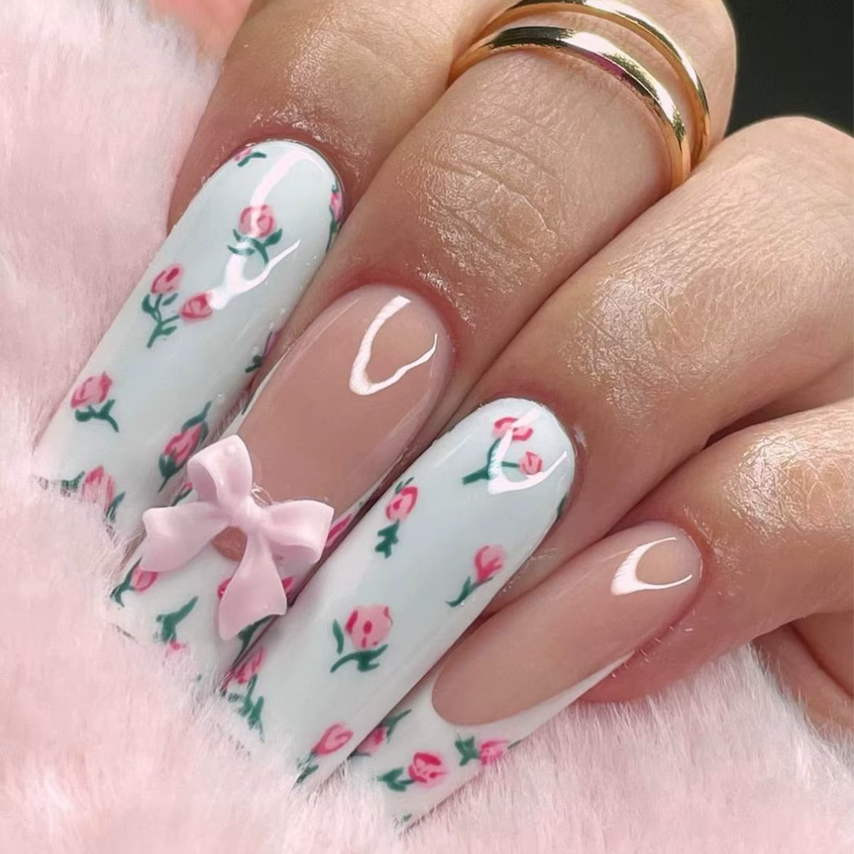 Faux ongles tubulaires longs avec nœuds cercueil rose fleur à pression pointe française portables co