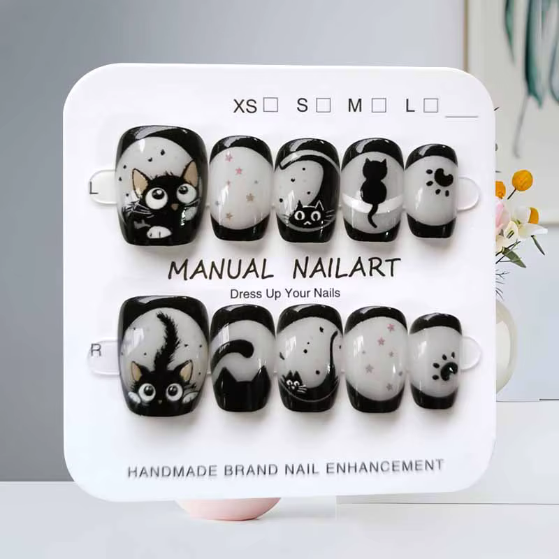 10 pièces dessin animé mignon chat noir bleu gris géométrie à la main presse sur les ongles tête car
