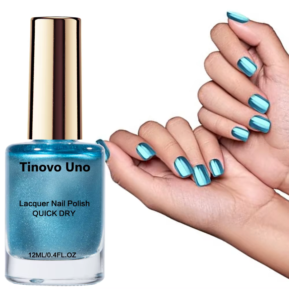 Tinovo Uno – vernis à ongles bleu métallique, laque normale et régulière, finition brillante miroir,