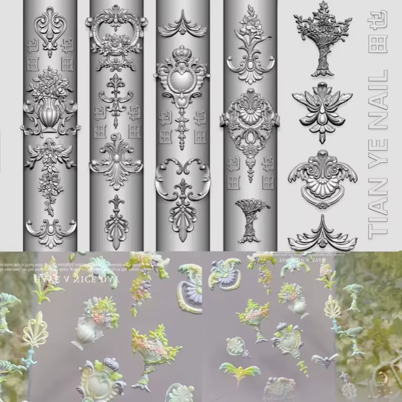 Moule en silicone pour nail art 3D, motif floral artistique français, style cour européenne rococo, 