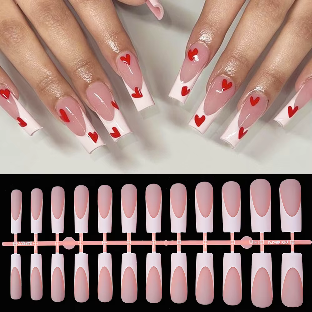Faux ongles français longs et carrés, bord blanc, cercueil de Ballet portable, couverture complète,