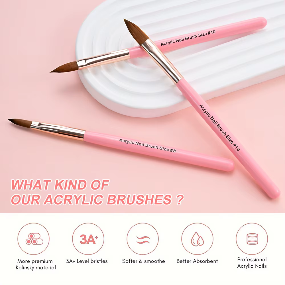 3 pièces 8/10/14 #   Kolinsky acrylique brosse à ongles Poly Extension Gel brosse vernis à ongles sc